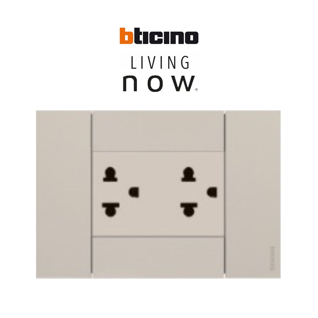 bticino LIVING NOW ชุดเต้ารับคู่ 3 ขา พร้อมฝาครอบสีขาว (สีขาว, สีเเซนด์, สีดำ)