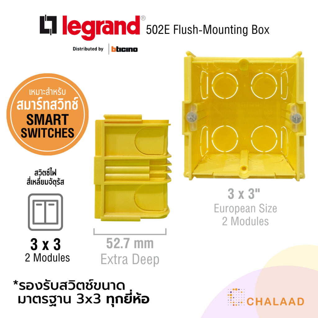 bticino flush-mounting box 502E กล่องฝัง บล็อคฝัง 3x3 [2 ช่อง] สำหรับสวิตช์ไฟ ลึกพิเศษ เหมาะกับสมาร์ทสวิตช์ Smart Switch